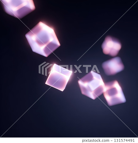 Futuristic abstract blockchain technology with glowing purple cube network. digital data blocks float in dark background, evoking mysterious and innovative feeling 131574491