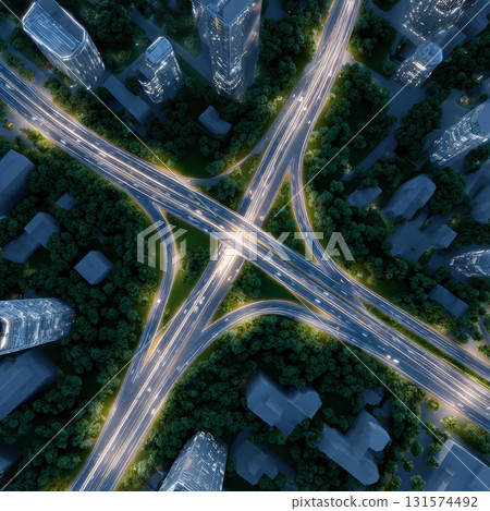 Breathtaking aerial view of smart city at night. An illuminated highway and futuristic transportation network connect tall skyscrapers surrounded by green urban forest 131574492