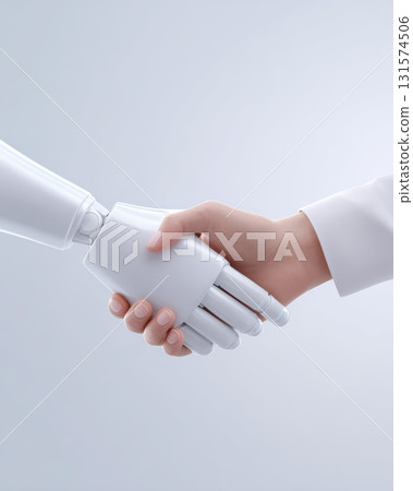 Human hand shaking white robot hand in trusting gesture. concept of partnership, future technology, agreement, and cooperation on an isolated white background 131574506