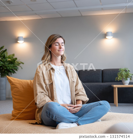 Calm woman finding peaceful and serene moment with mindfulness meditation. relaxing yoga lifestyle practice for mental wellbeing, sitting cross legged indoor at home 131574514