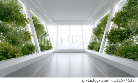 Futuristic modern interior architecture with serene green vertical garden wall. An empty corridor with bright natural light creating calm eco friendly concept background 131574522
