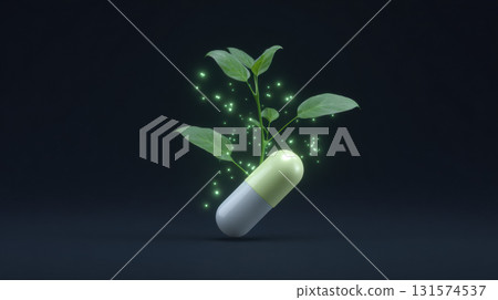 Hopeful concept of natural medicine for health and healing. single pill with plant showing growth from nature power, green glowing herbal remedy on dark background Hopeful concept of natural medicine for health and healing. single pill with plant showing growth from nature power, green glowing herbal remedy on dark background 131574537