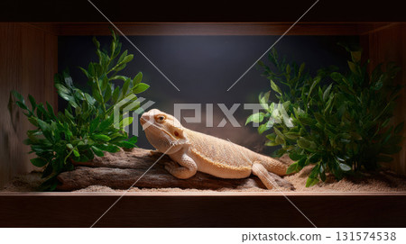 Calm bearded dragon pet basking in terrarium. content lizard reptile rests on branch under heat lamp, looking peaceful inside its animal enclosure with sand Calm bearded dragon pet basking in terrarium. content lizard reptile rests on branch under heat lamp, looking peaceful inside its animal enclosure with sand 131574538