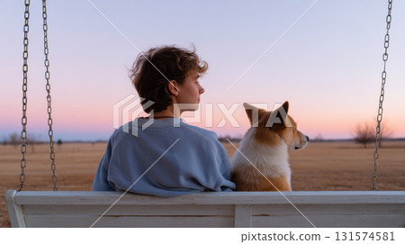 Calm young person and pet dog sharing peaceful moment of companionship on porch swing. duo watch tranquil twilight sky over quiet countryside field 131574581