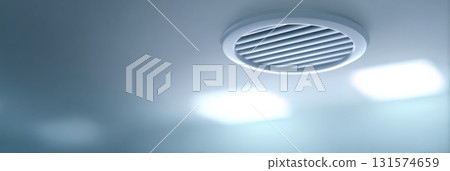 Clean modern interior ceiling with white ventilation vent or air diffuser. simple system for climate control creating calm and cool atmosphere in room Clean modern interior ceiling with white ventilation vent or air diffuser. simple system for climate control creating calm and cool atmosphere in room 131574659