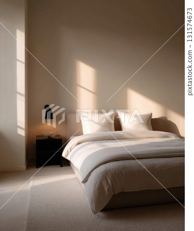 Calm and peaceful minimalist bedroom interior showing natural light on modern bed. serene and relaxing home scene promoting quiet comfort and tranquil sleep atmosphere 131574673