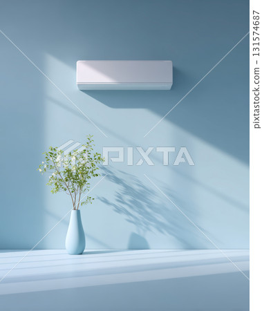 Modern white air conditioner for cooling on serene blue wall. minimalist home interior with plant in vase creates tranquil and comfortable background 131574687