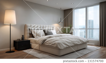 Serene and airy minimalist bedroom interior with comfortable bed and large window. modern apartment has neutral color palette creating peaceful and relaxing home space 131574700