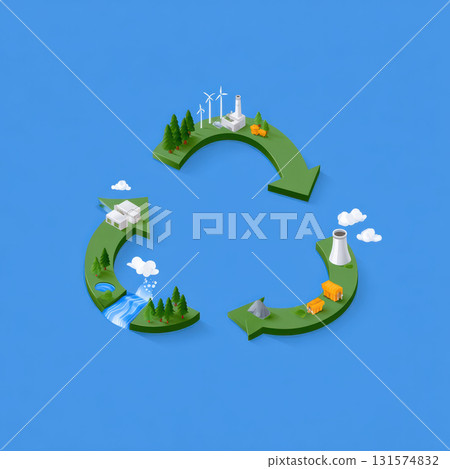 Hopeful circular economy and sustainability concept. Recycling cycle illustration shows renewable energy and green energy production for better future environment and ecology Hopeful circular economy and sustainability concept. Recycling cycle illustration shows renewable energy and green energy production for better future environment and ecology 131574832