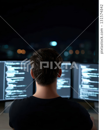 Focused man, an expert programmer, works late at night, coding on computer with multiple screen displays in dark room. technology and complex code reflect intense concentration 131574842