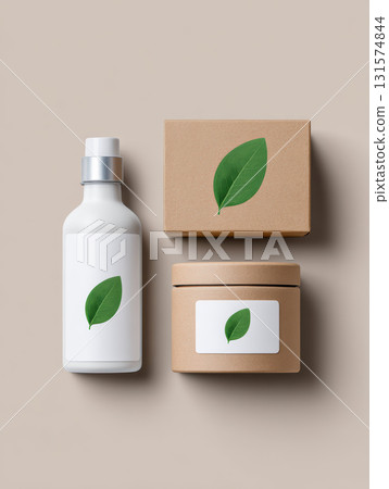 Natural cosmetic skincare product packaging mockup. An eco friendly set with white bottle, kraft box, and round container showcasing simple, clean, green leaf design 131574844