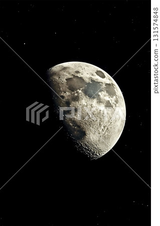 Half-moon visible against a deep black sky, showcasing bright craters and dark maria. The lunar surface s texture can be seen in detail, with shadowed regions creating a striking contrast. Scattered s 131574848