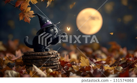 A whimsical scene with a black cat wearing a witch hat, perched on a stack of stones. The cat is playfully reaching towards a glowing butterfly. In the background, a large, luminous moon casts a warm  131574868