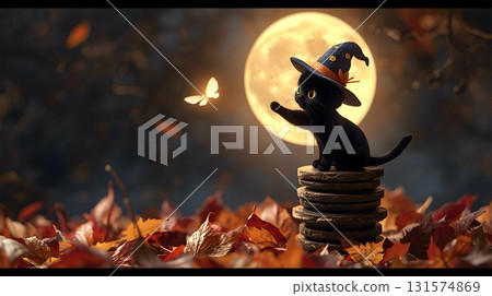 A whimsical scene with a black cat wearing a witch hat, perched on a stack of stones. The cat is playfully reaching towards a glowing butterfly. In the background, a large, luminous moon casts a warm  131574869