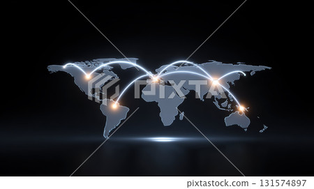 Futuristic world map with glowing global network connection. An optimistic visualization of international business, logistics, technology, communication, and trade flow 131574897