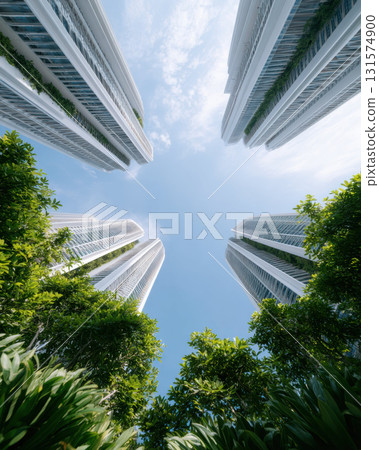 Awe inspiring view of modern sustainable skyscrapers and green architecture. futuristic city building with lush nature against blue sky, symbolizing an optimistic future 131574900