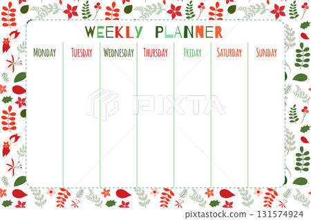 Elegant floral vector weekly planner template in red and green for Christmas planning 131574924