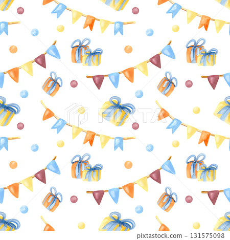 Birthday, festive seamless pattern. Flag garland, gift box, circle confetti. Bright colorful watercolor illustration art isolated from background. For packaging, wrapping paper, holiday decoration Birthday, festive seamless pattern. Flag garland, gift box, circle confetti. Bright colorful watercolor illustration art isolated from background. For packaging, wrapping paper, holiday decoration 131575098