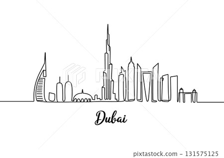 SEO Title: Dubai City Skyline Continuous Line Drawing Vector. Famous UAE Landmark Illustration. 131575125