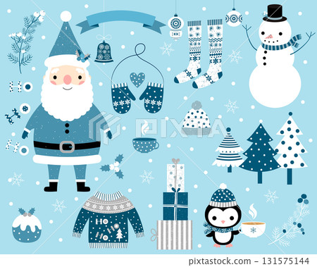 Christmas vector set in blue and white colors with Santa Claus, snowman, penguin and winter clothes and elements 131575144