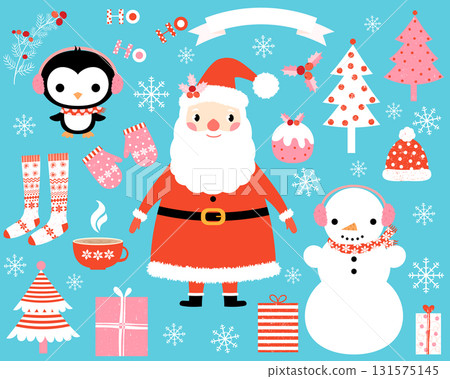 Vector Christmas set with holiday clothes and elements, Santa Claus, cute penguin, snowman for backgrounds, greeting cards and decor Vector Christmas set with holiday clothes and elements, Santa Claus, cute penguin, snowman for backgrounds, greeting cards and decor 131575145