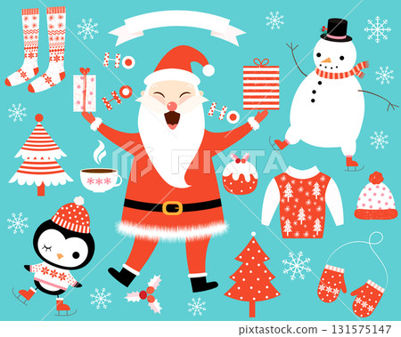 Cute vector set with laughing Santa Claus, penguin, snowman and winter and Christmas elements for graphic design Cute vector set with laughing Santa Claus, penguin, snowman and winter and Christmas elements for graphic design 131575147