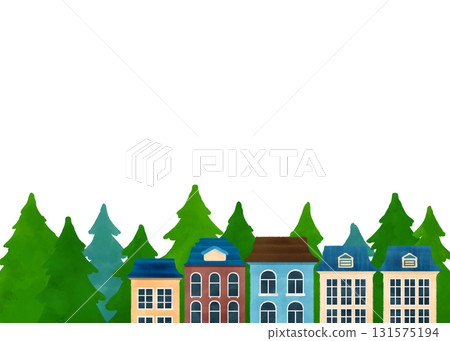 Watercolor painting of fir trees and houses 131575194