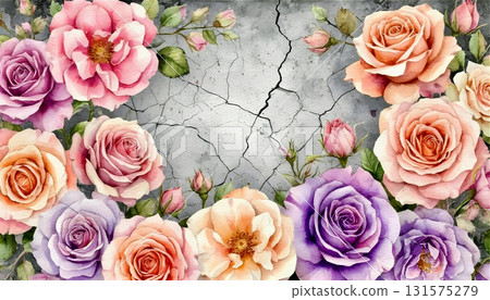 An abstract background featuring a vibrant floral border with roses (Rosa spp. ) in various colors including pink, orange, and purple. The flowers are arranged around a central cracked texture that mi 131575279
