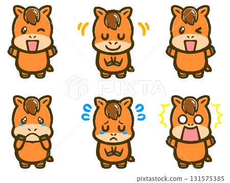 可愛表情馬塗鴉風格插畫素材集 131575385