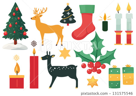 SEO Title: Christmas Decoration Elements Collection Vector. Flat Design Winter Holiday Set. 131575546