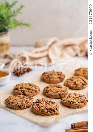 Golden chocolate chip cookies 131575640