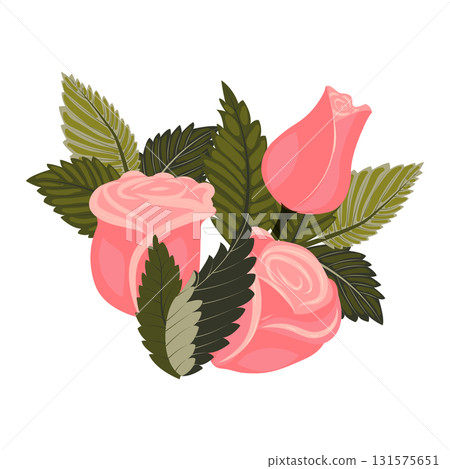 Arrangement of light pink roses and leaves. Vector illustration on a white background. Arrangement of light pink roses and leaves. Vector illustration on a white background. 131575651