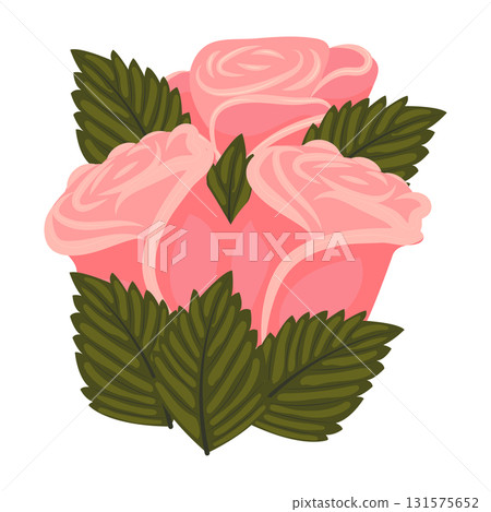 Arrangement of light pink roses and leaves. Vector illustration on a white background. 131575652