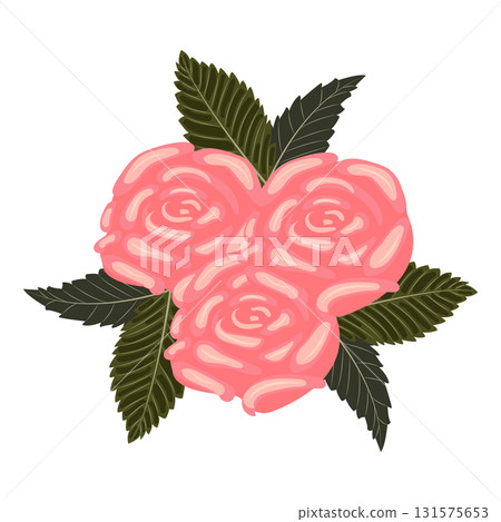 Arrangement of light pink roses and leaves. Vector illustration on a white background. 131575653