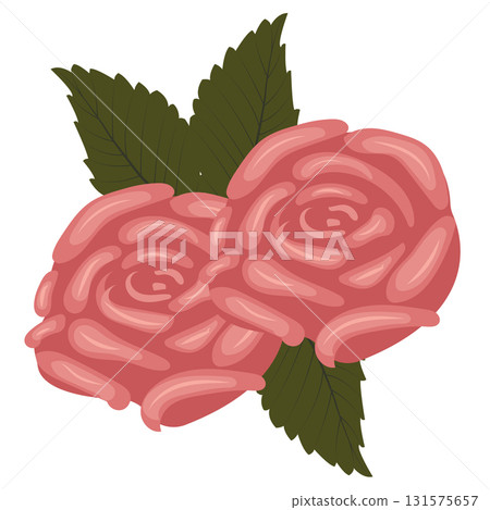 Arrangement of dusty pink roses and leaves. Vector illustration on a white background. 131575657