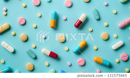 Colorful pills and capsules on blue background 131575665