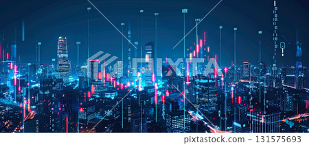Modern city skyline with futuristic digital financial graphs overlay 131575693