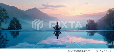 Meditation at sunrise by infinity pool with mountain view 131575695