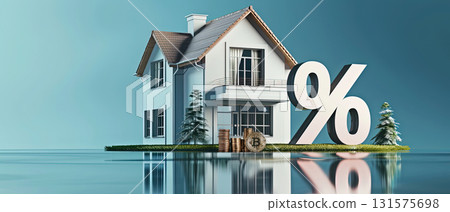 Modern suburban house with percentage symbol and coins, real estate investment concept 131575698