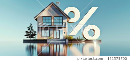 Modern suburban house with percentage symbol and coins, real estate investment concept 131575700