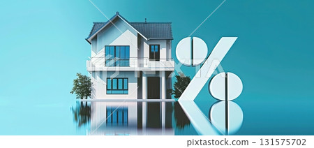 Modern suburban house with percentage symbol and coins, real estate investment concept 131575702