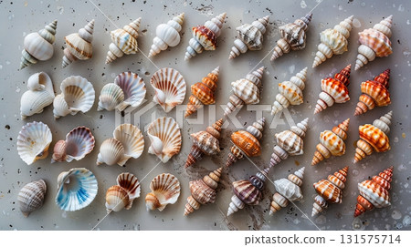 Seashells arranged in gradient by size and color 131575714