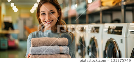 Smiling young woman holding folded towels in laundry room 131575749