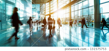 People walking in modern glass office lobby 131575753