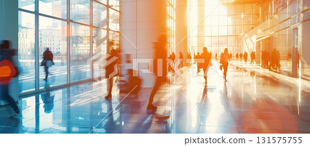 People walking in modern glass office lobby 131575755