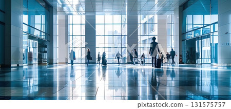 People walking in modern glass office lobby 131575757