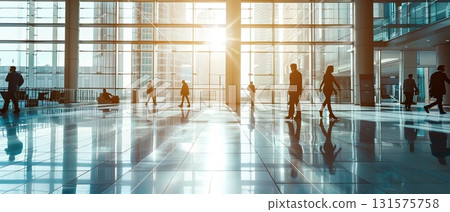 People walking in modern glass office lobby 131575758