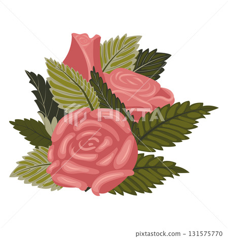 Arrangement of dusty pink roses and leaves. Vector illustration on a white background. 131575770