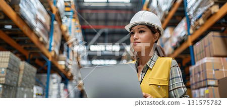 female warehouse worker with laptop wearing helmet and safety vest 131575782