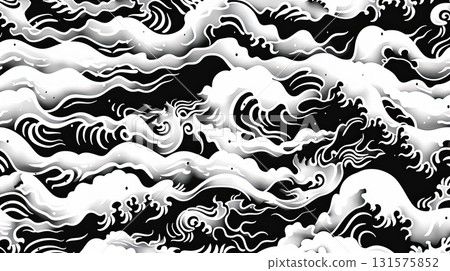 hand drawn ink waves black and white japanese seamless pattern illustration 131575852